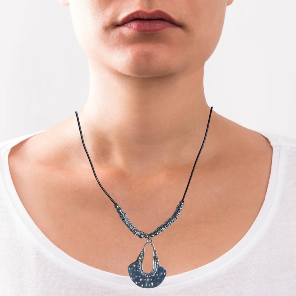 Silver Pendant & Beads Tribal Abstract Adjustable Length Necklace